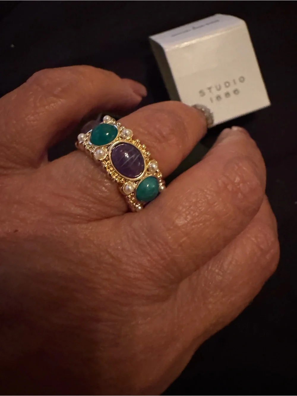 Brand New Gold Ring with Purple and Teal Gemstones